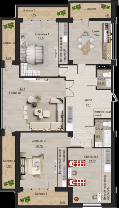 Планировка 4-комнатные квартиры, 153.7 m2 в Клубный дом Lancashire, в г. Алматы