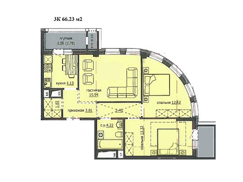 Планировка 3-комнатные квартиры, 66.23 m2 в ЖК Аскер, в г. Нур-Султана (Астаны)