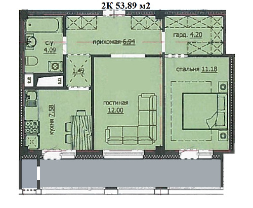 Планировка 2-комнатные квартиры, 53.89 m2 в ЖК Аскер, в г. Нур-Султана (Астаны)