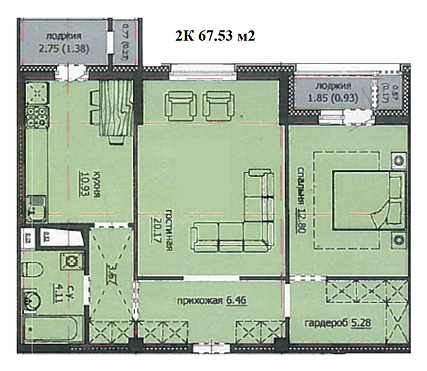 Планировка 2-комнатные квартиры, 67.53 m2 в ЖК Аскер, в г. Нур-Султана (Астаны)