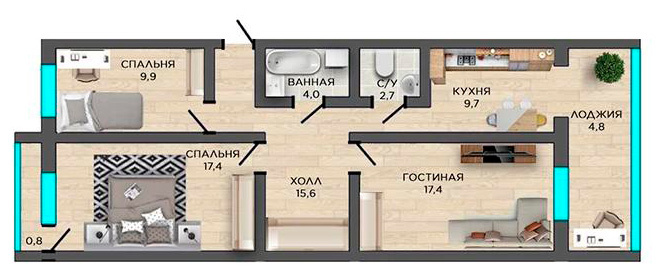 Планировка 3-комнатные квартиры, 82.2 m2 в ЖК Мунайшы, в г. Актау