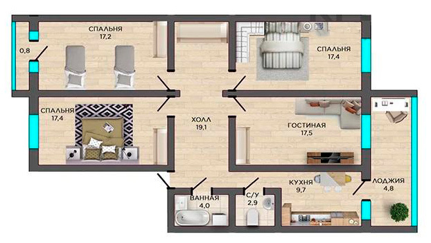 Планировка 4-комнатные квартиры, 110.8 m2 в ЖК Мунайшы, в г. Актау