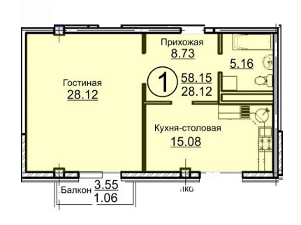 Планировка 1-комнатные квартиры, 58.15 m2 в ЖК Бейбарыс, в г. Нур-Султана (Астаны)
