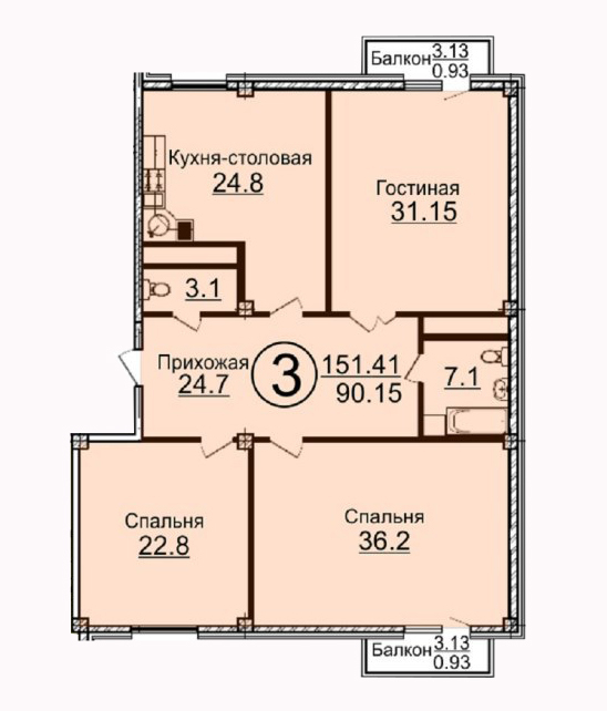 Планировка 3-комнатные квартиры, 151.41 m2 в ЖК Бейбарыс, в г. Нур-Султана (Астаны)