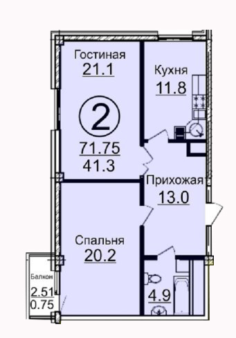 Планировка 2-комнатные квартиры, 71.75 m2 в ЖК Бейбарыс, в г. Нур-Султана (Астаны)