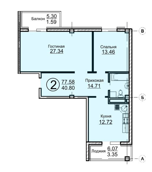 Планировка 2-комнатные квартиры, 77.58 m2 в ЖК Бейбарыс, в г. Нур-Султана (Астаны)