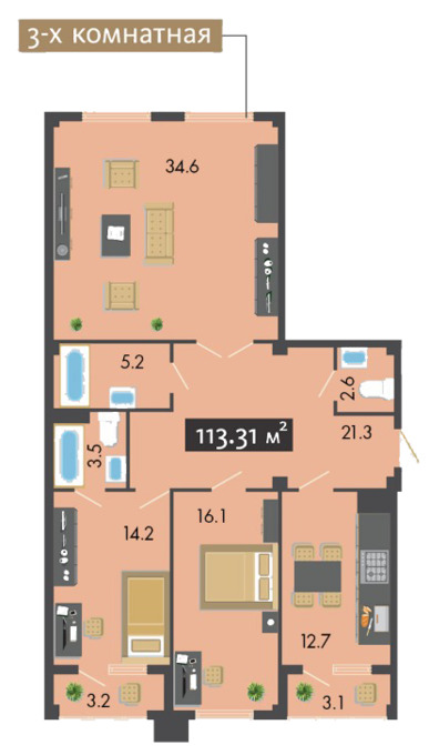 Планировка 3-комнатные квартиры, 113.31 m2 в ЖК Престиж, в г. Шымкента