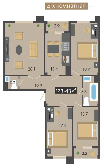 Планировка 4-комнатные квартиры, 123.43 m2 в ЖК Престиж, в г. Шымкента