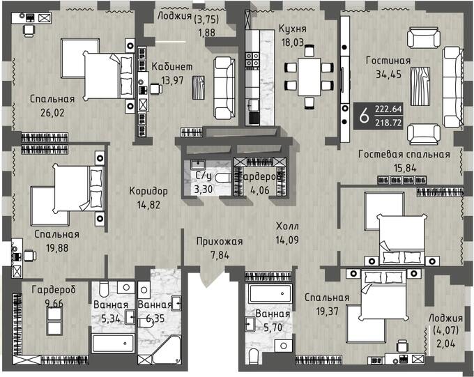 Планировка 6-комнатные квартиры, 222.1 m2 в ЖК Europe city, в г. Нур-Султана (Астаны)