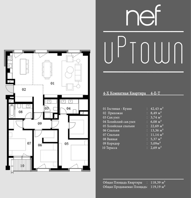 Планировка 4-комнатные квартиры, 118.39 m2 в ЖК Nef Uptown, в г. Алматы