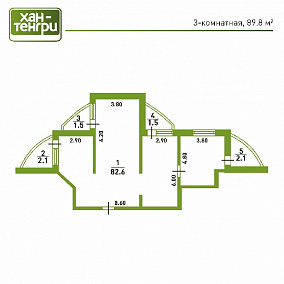 Планировка 3-комнатные квартиры, 89.8 m2 в ЖК Хан Тенгри, в г. Алматы