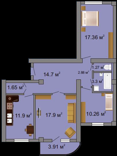 Планировка 3-комнатные квартиры, 82.44 m2 в ЖК Ulan-Tau, в г. Усть-Каменогорска