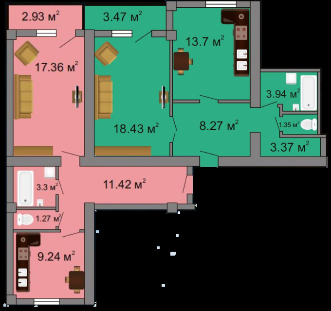 Планировка 3-комнатные квартиры, 93.37 m2 в ЖК Ulan-Tau, в г. Усть-Каменогорска