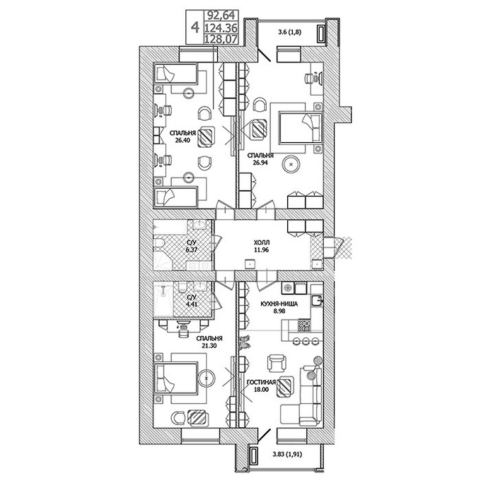 Планировка 4-комнатные квартиры, 128.07 m2 в ЖК Stockholm, в г. Нур-Султана (Астаны)
