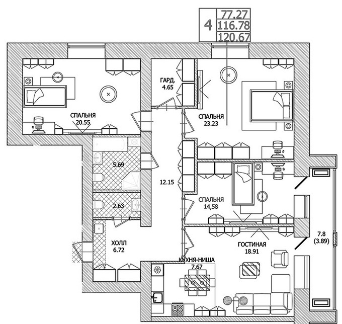 Планировка 4-комнатные квартиры, 120.67 m2 в ЖК Stockholm, в г. Нур-Султана (Астаны)