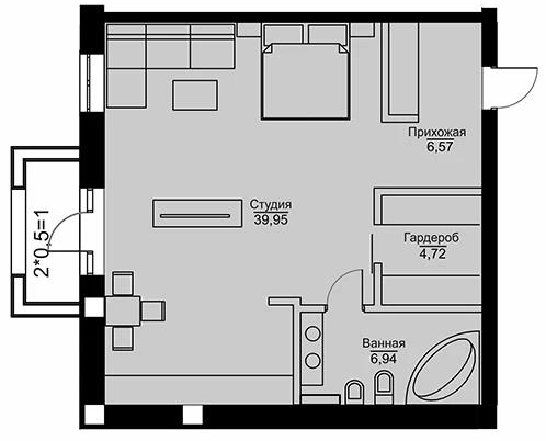 Планировка 1-комнатные квартиры, 59.18 m2 в ЖК Французский квартал, в г. Атырау