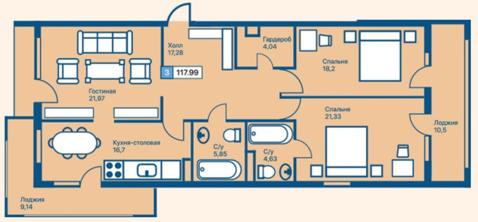 Планировка 3-комнатные квартиры, 117.99 m2 в ЖК Agate, в г. Нур-Султана (Астаны)
