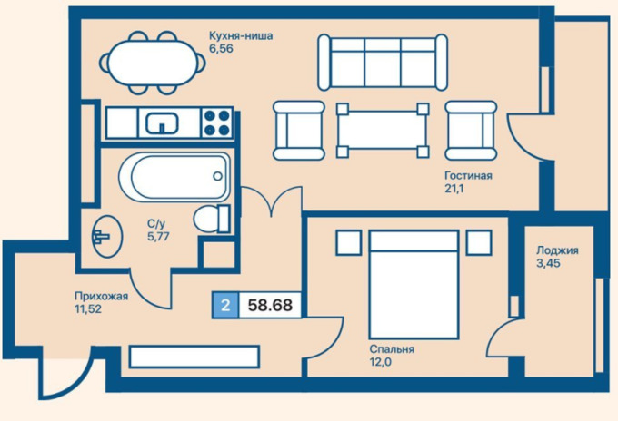 Планировка 2-комнатные квартиры, 58.68 m2 в ЖК Agate, в г. Нур-Султана (Астаны)