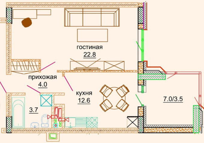 Планировка 1-комнатные квартиры, 46.6 m2 в ЖК Agate, в г. Нур-Султана (Астаны)
