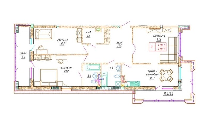 Планировка 3-комнатные квартиры, 118.7 m2 в ЖК Agate, в г. Нур-Султана (Астаны)
