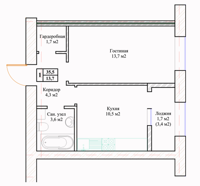 Планировка 1-комнатные квартиры, 35.5 m2 в ЖК Кернай, в г. Нур-Султана (Астаны)