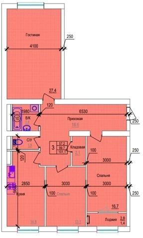 Планировка 3-комнатные квартиры, 101.1 m2 в ЖК Nazym, в г. Актау