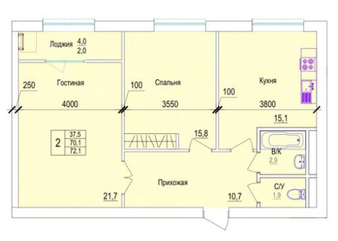 Планировка 2-комнатные квартиры, 72.1 m2 в ЖК Nazym, в г. Актау