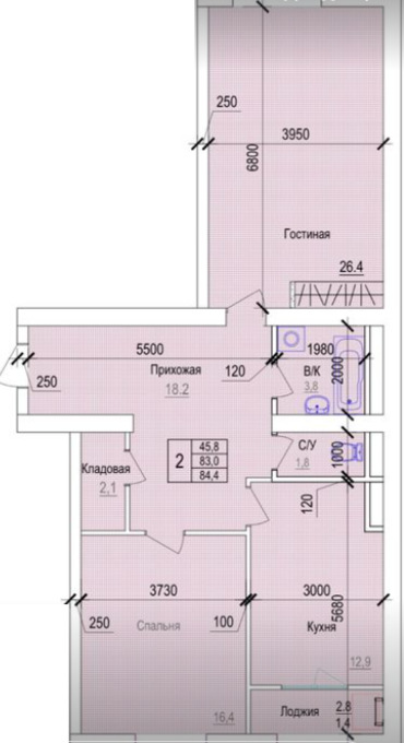 Планировка 2-комнатные квартиры, 84.4 m2 в ЖК Nazym, в г. Актау