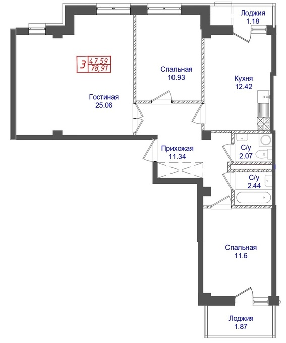 Планировка 3-комнатные квартиры, 78.91 m2 в ЖК Көктем, в г. Нур-Султана (Астаны)