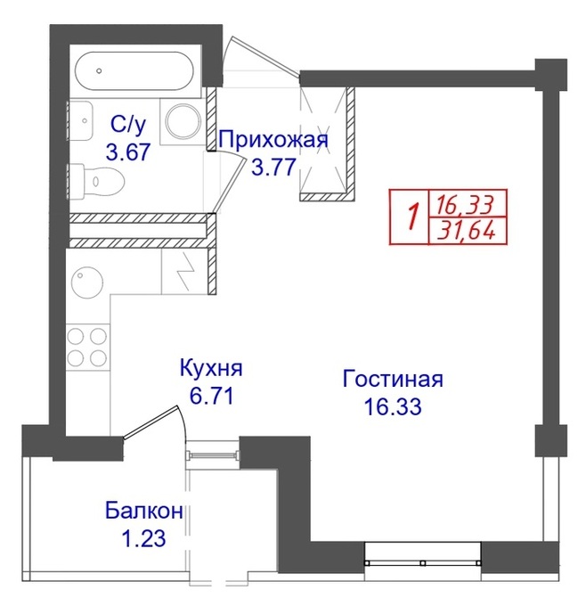 Планировка 1-комнатные квартиры, 31.64 m2 в ЖК Көктем, в г. Нур-Султана (Астаны)