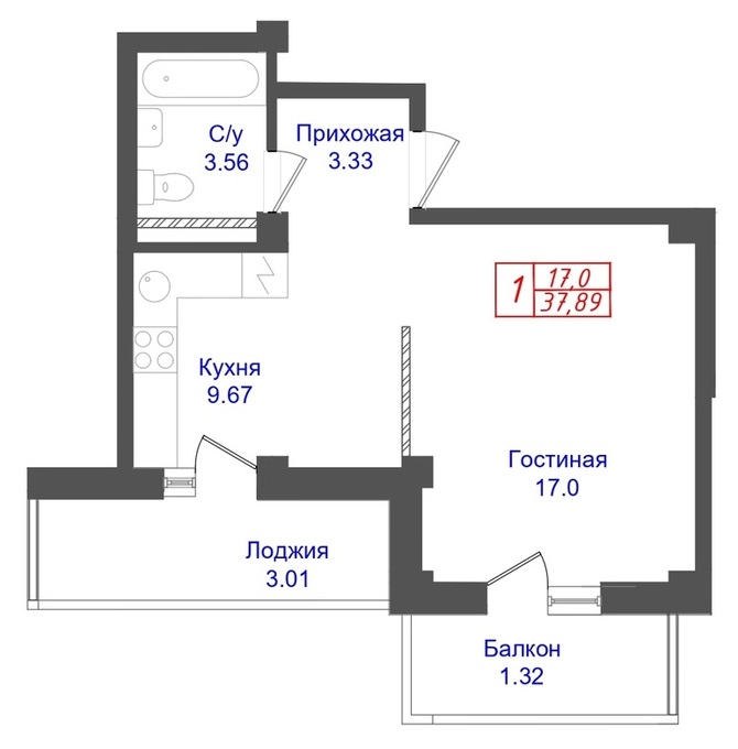 Планировка 1-комнатные квартиры, 37.89 m2 в ЖК Көктем, в г. Нур-Султана (Астаны)