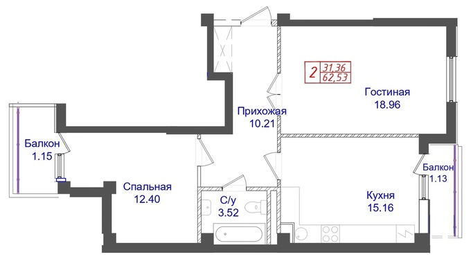Планировка 2-комнатные квартиры, 62.53 m2 в ЖК Көктем, в г. Нур-Султана (Астаны)