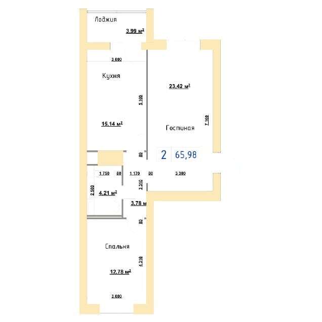 Планировка 2-комнатные квартиры, 65.98 m2 в ЖК Альфа-Бета, в г. Костаная