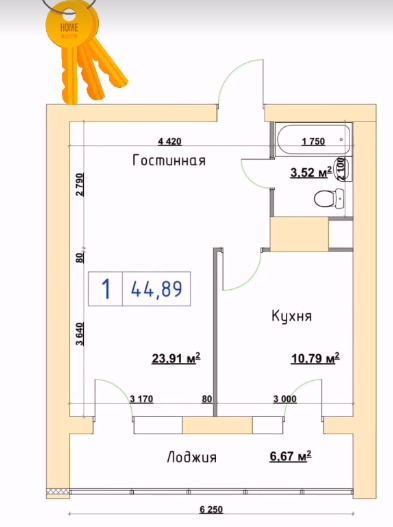 Планировка 1-комнатные квартиры, 44.89 m2 в ЖК Альфа-Бета, в г. Костаная