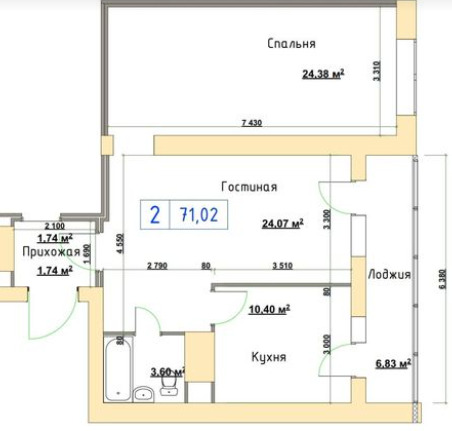 Планировка 2-комнатные квартиры, 71.02 m2 в ЖК Альфа-Бета, в г. Костаная