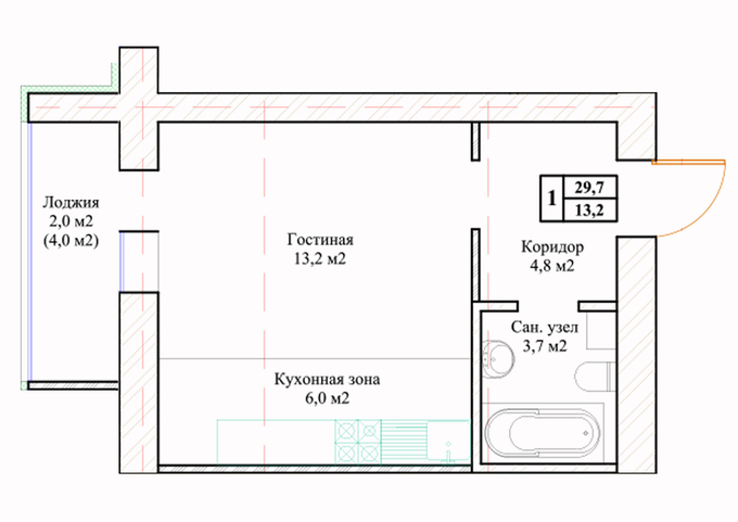 Планировка 1-комнатные квартиры, 29.7 m2 в ЖК Кернай, в г. Нур-Султана (Астаны)