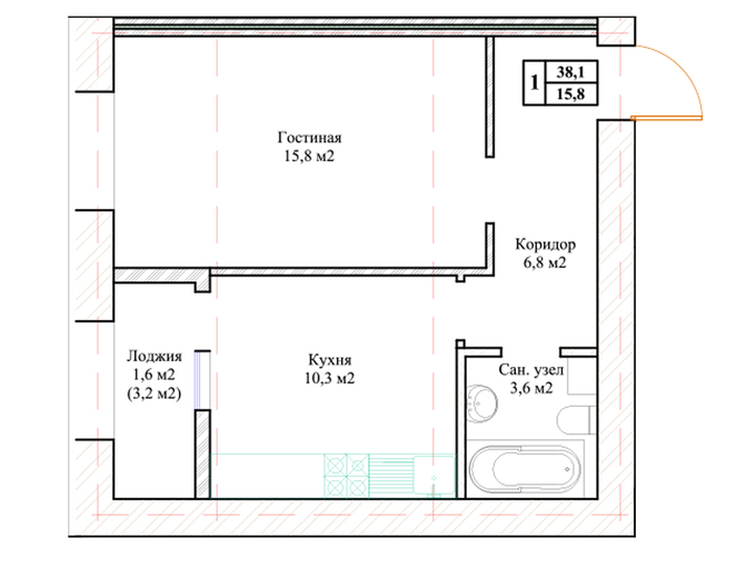 Планировка 1-комнатные квартиры, 38.1 m2 в ЖК Кернай, в г. Нур-Султана (Астаны)