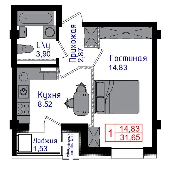 Планировка 1-комнатные квартиры, 31.65 m2 в ЖК Көктем, в г. Нур-Султана (Астаны)