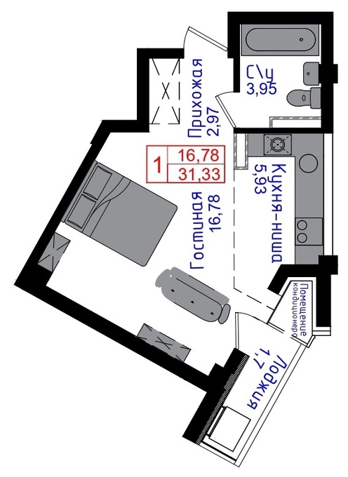 Планировка 1-комнатные квартиры, 31.33 m2 в ЖК Көктем, в г. Нур-Султана (Астаны)