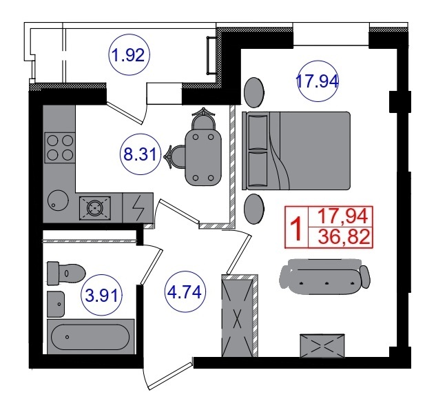 Планировка 1-комнатные квартиры, 36.82 m2 в ЖК Көктем, в г. Нур-Султана (Астаны)