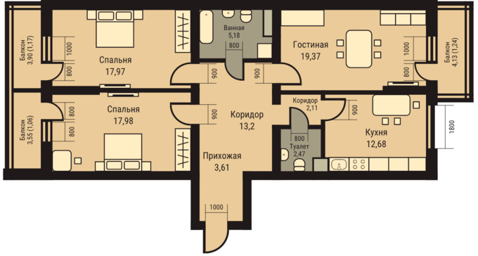 Планировка 3-комнатные квартиры, 100.1 m2 в ЖК R-House, в г. Алматы