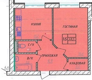 Планировка 1-комнатные квартиры, 40.5 m2 в ЖК в 31Б, в г. Актау