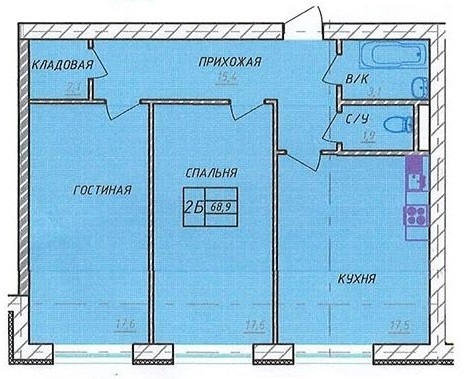 Планировка 2-комнатные квартиры, 68.9 m2 в ЖК в 31Б, в г. Актау