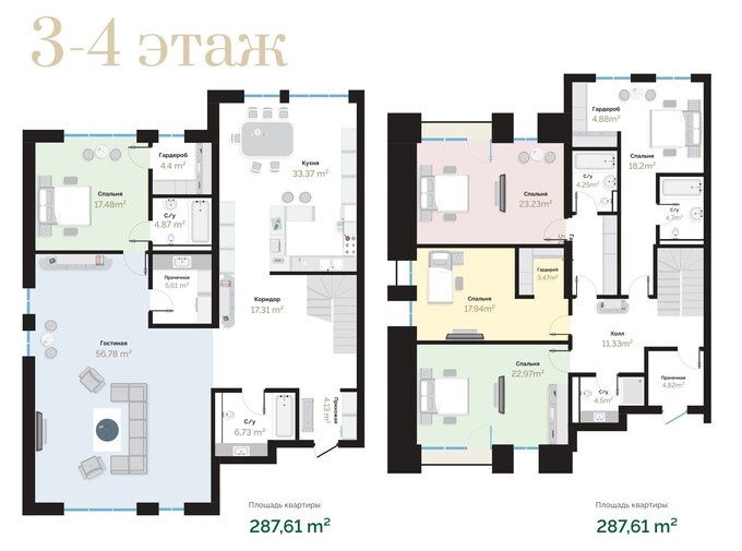 Планировка 6-комнатные квартиры, 287.61 m2 в КД Kings Land Residence, в г. Нур-Султана (Астаны)