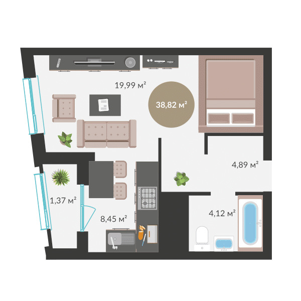 Планировка 1-комнатные квартиры, 38.82 m2 в ЖК Tomiris Towers, в г. Нур-Султана (Астаны)