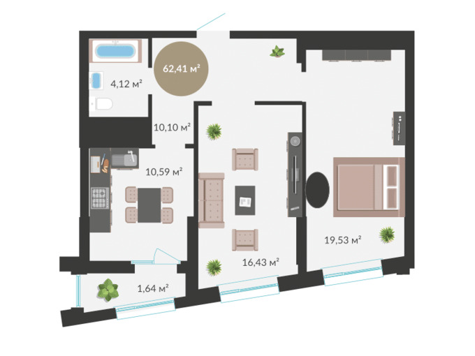Планировка 2-комнатные квартиры, 62.41 m2 в ЖК Tomiris Towers, в г. Нур-Султана (Астаны)