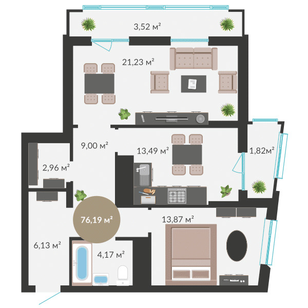 Планировка 2-комнатные квартиры, 76.19 m2 в ЖК Tomiris Towers, в г. Нур-Султана (Астаны)
