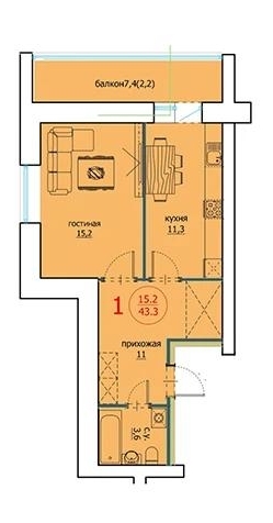 Планировка 1-комнатные квартиры, 43.3 m2 в ЖК Bolashaq, в г. Кокшетау