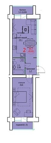 Планировка 2-комнатные квартиры, 45.83 m2 в ЖК Bolashaq, в г. Кокшетау