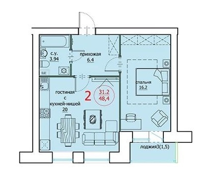 Планировка 2-комнатные квартиры, 48.4 m2 в ЖК Bolashaq, в г. Кокшетау